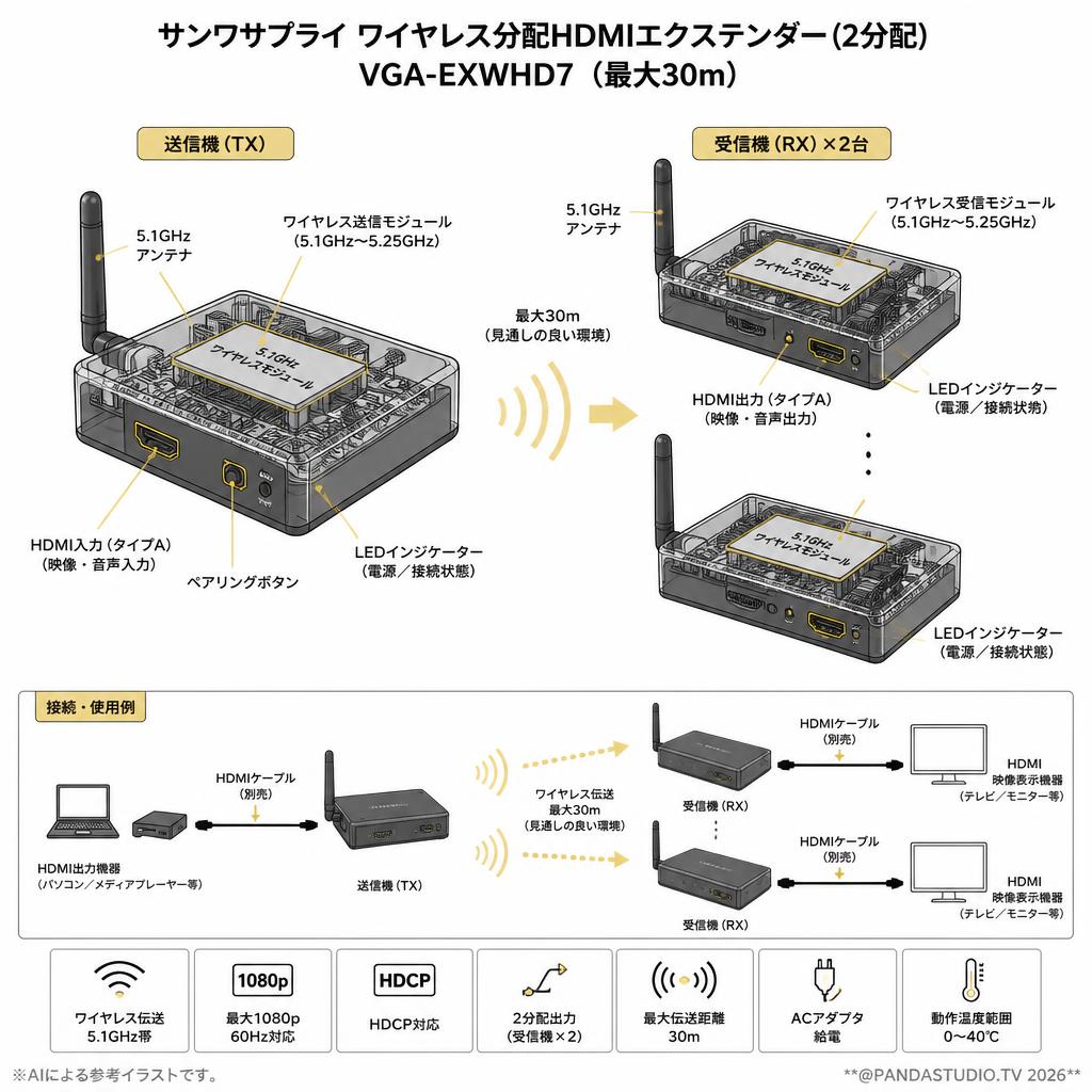 サンワサプライ ワイヤレス分配HDMIエクステンダー(2分配) VGA-EXWHD7（最大30m） スペック