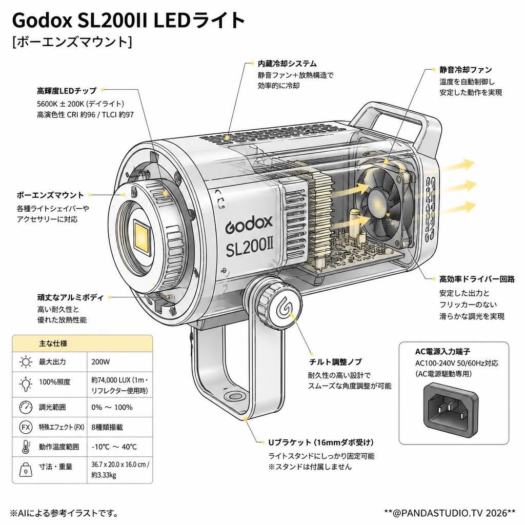 Godox SL200II LEDライト(スタンド/リモコン無し)[ボーエンズマウント] スペック