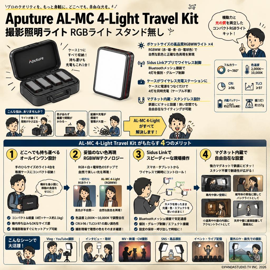 Aputure AL-MC 4-Light Travel Kit 撮影照明ライト RGBライト スタンド無し 概要