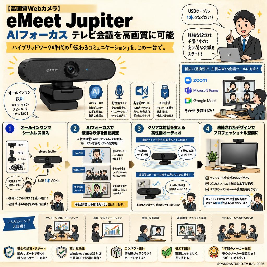 【高画質Webカメラ】eMeet Jupiter  AIフォーカス テレビ会議を高画質に可能 概要