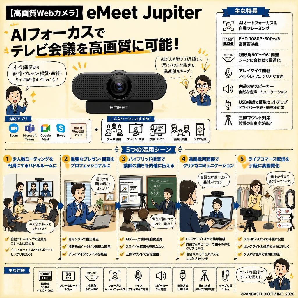 【高画質Webカメラ】eMeet Jupiter  AIフォーカス テレビ会議を高画質に可能 用途
