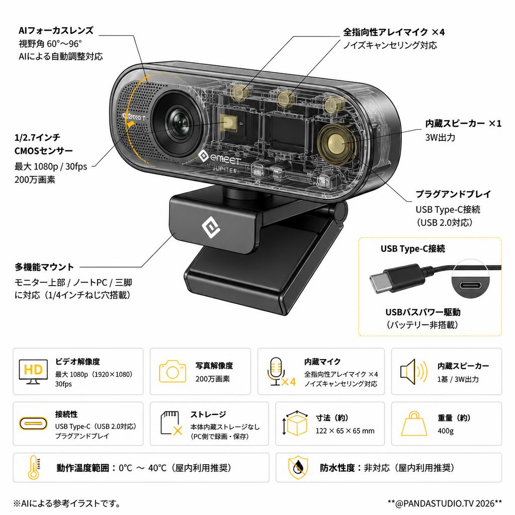 【高画質Webカメラ】eMeet Jupiter  AIフォーカス テレビ会議を高画質に可能 スペック