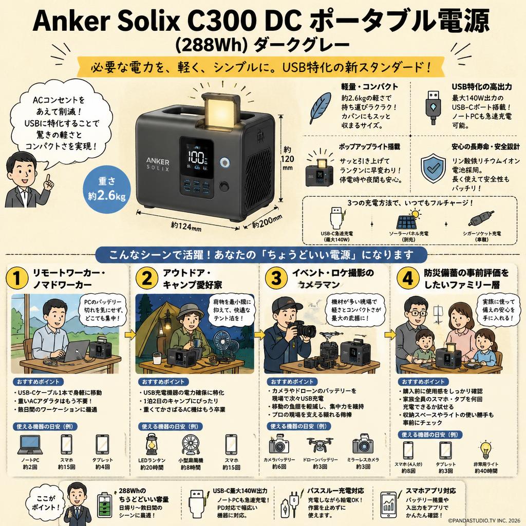 Anker Solix C300 DC Portable Power Station (288Wh ポータブル電源 )  ダークグレー おもな対象のお客様