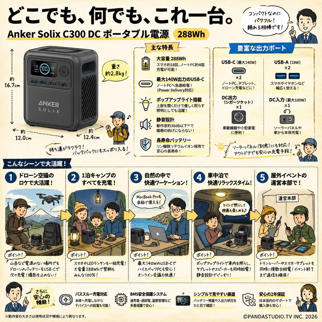 Anker Solix C300 DC Portable Power Station (288Wh ポータブル電源 )  ダークグレー 用途