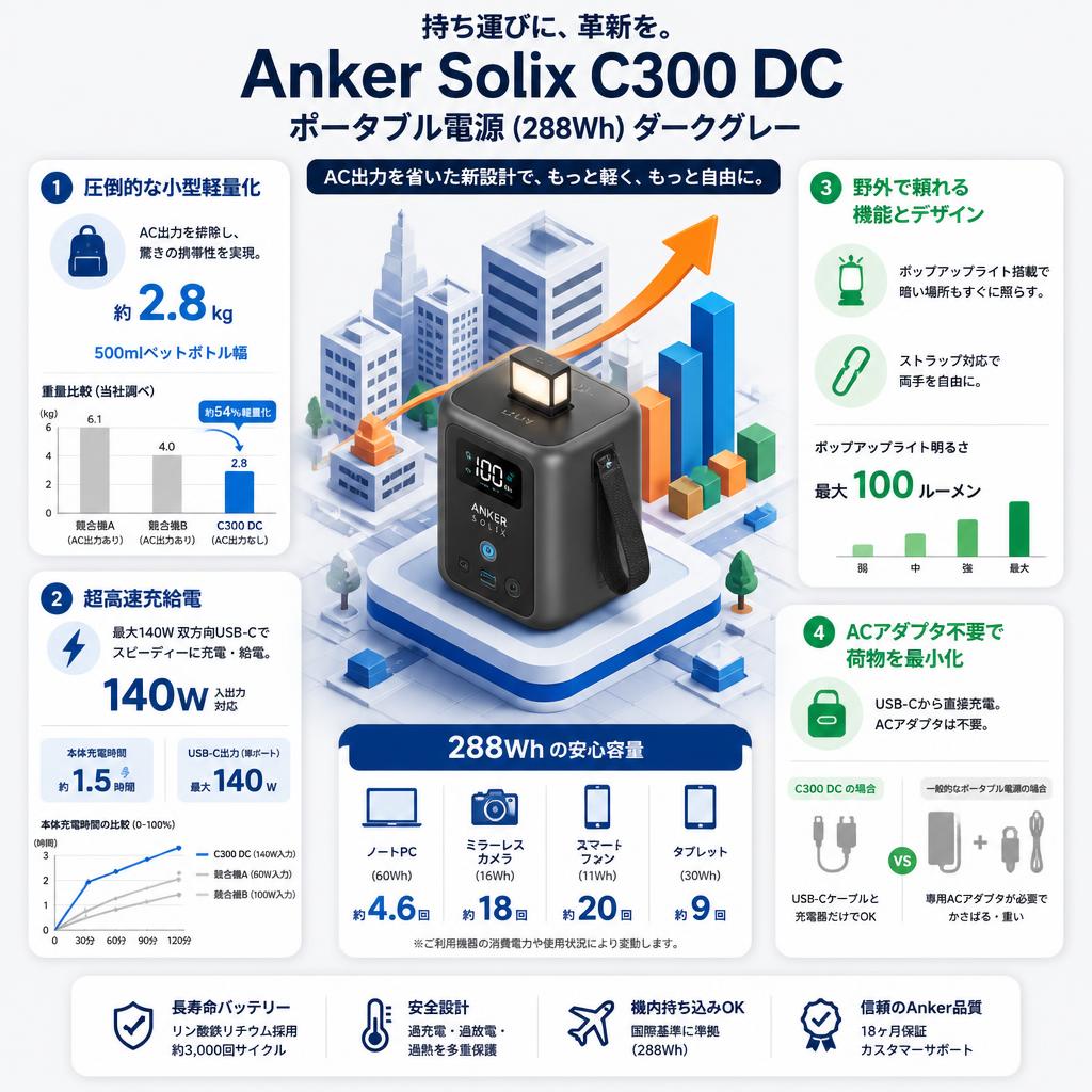 Anker Solix C300 DC Portable Power Station (288Wh ポータブル電源 )  ダークグレー セールスポイント