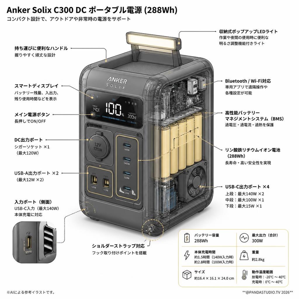 Anker Solix C300 DC Portable Power Station (288Wh ポータブル電源 )  ダークグレー スペック