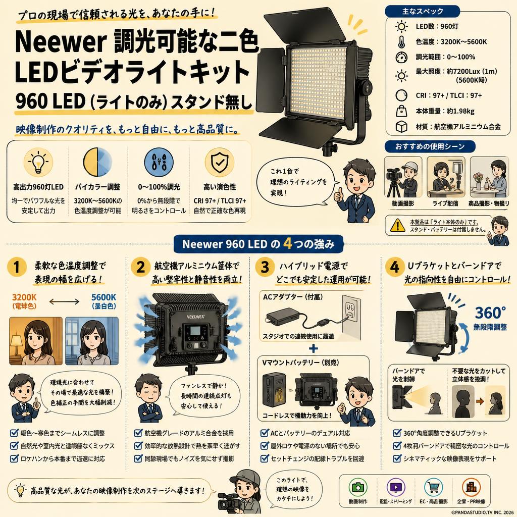 Neewer 調光可能な二色LEDビデオライトキット 960 LED(ライトのみ）スタンド無し 概要