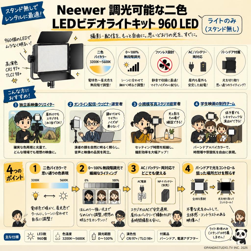 Neewer 調光可能な二色LEDビデオライトキット 960 LED(ライトのみ）スタンド無し おもな対象のお客様