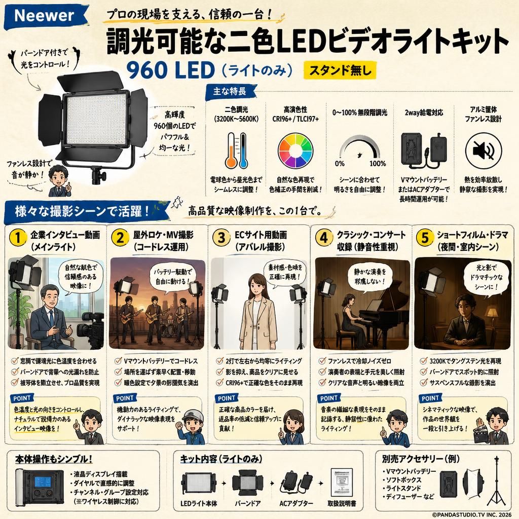 Neewer 調光可能な二色LEDビデオライトキット 960 LED(ライトのみ）スタンド無し 用途