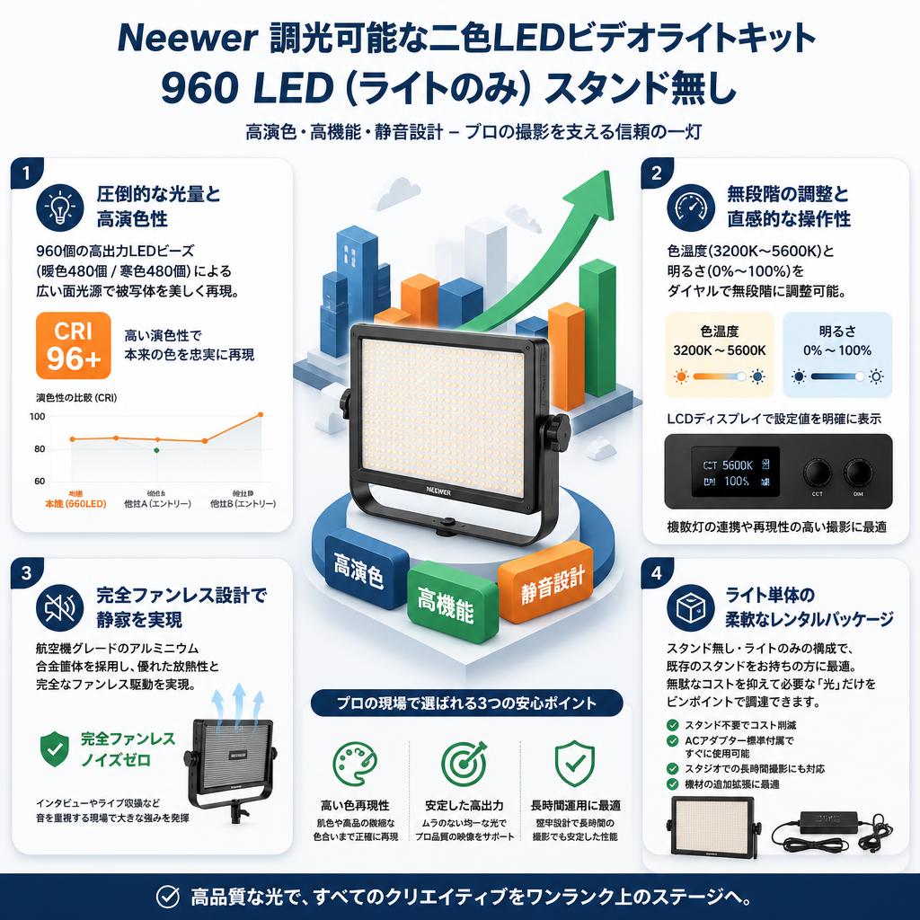 Neewer 調光可能な二色LEDビデオライトキット 960 LED(ライトのみ）スタンド無し セールスポイント