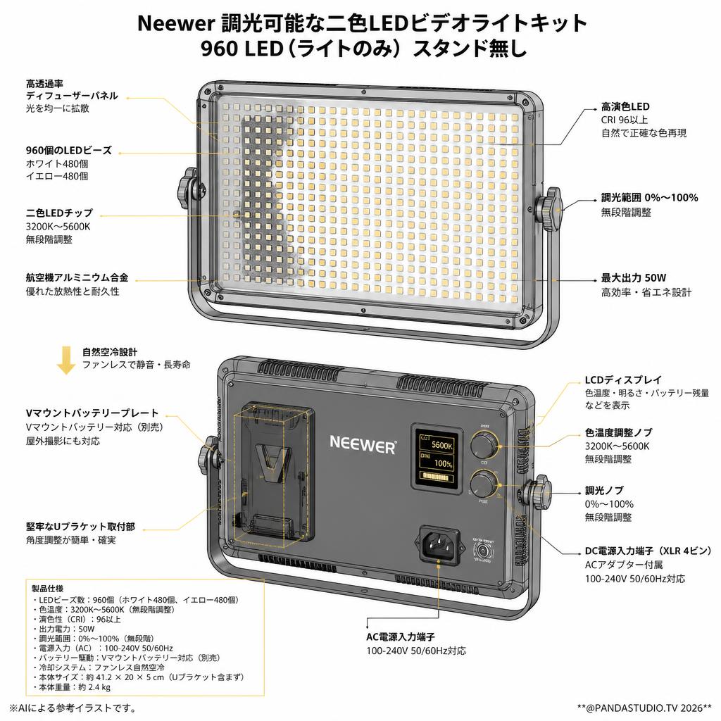 Neewer 調光可能な二色LEDビデオライトキット 960 LED(ライトのみ）スタンド無し スペック