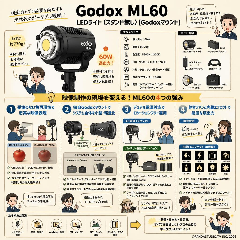 Godox ML60 LEDライト(スタンド無し)[Godoxマウント] 概要