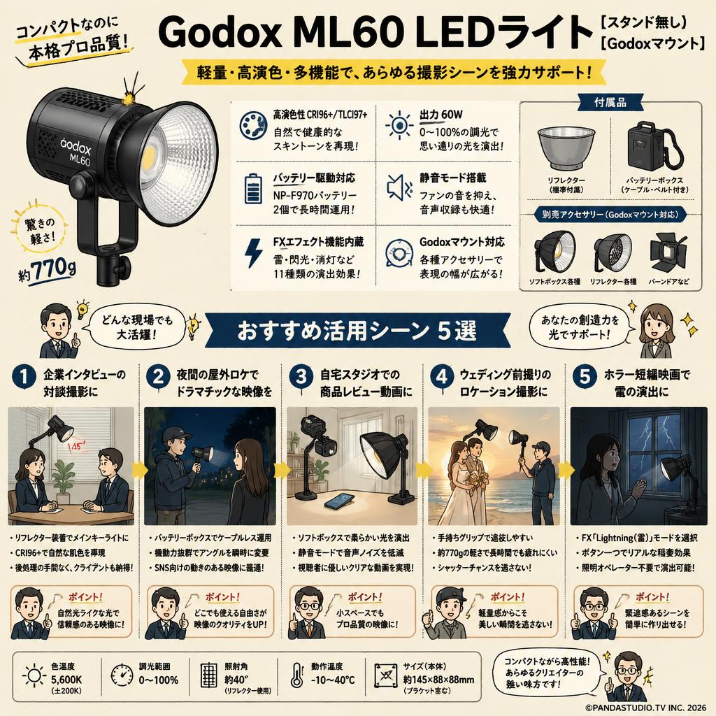 Godox ML60 LEDライト(スタンド無し)[Godoxマウント] 用途
