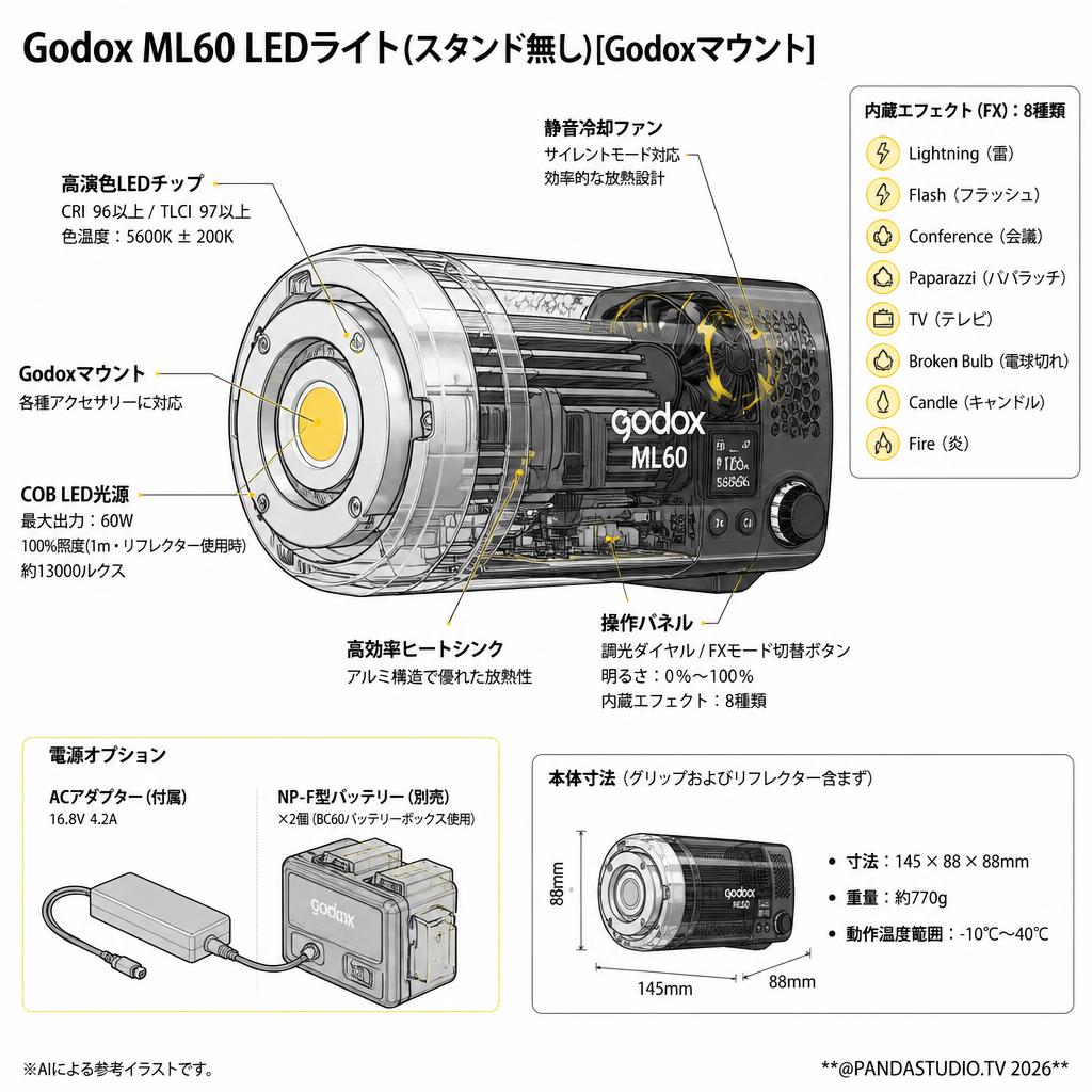 Godox ML60 LEDライト(スタンド無し)[Godoxマウント] スペック