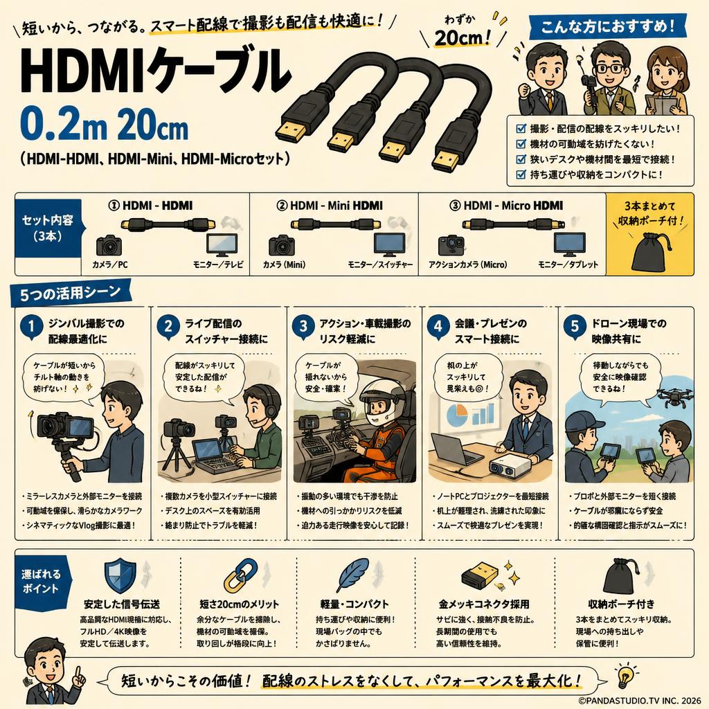 HDMIケーブル 0.2m 20cm（HDMI-HDMI、HDMI-Mini、HDMI-Microセット） 用途