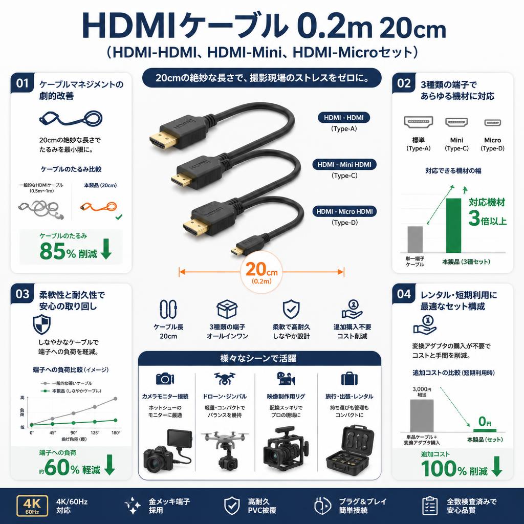 HDMIケーブル 0.2m 20cm（HDMI-HDMI、HDMI-Mini、HDMI-Microセット） セールスポイント