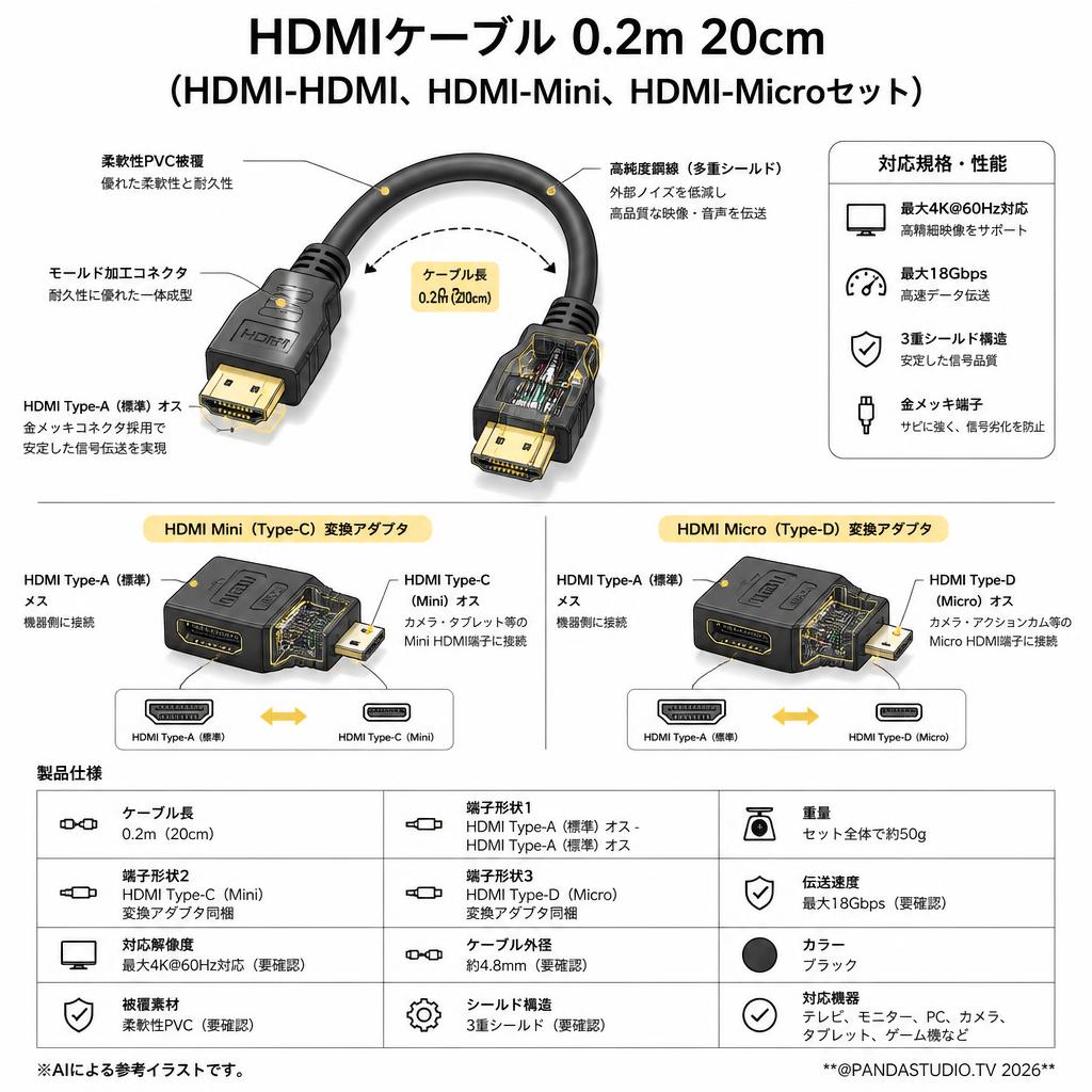 HDMIケーブル 0.2m 20cm（HDMI-HDMI、HDMI-Mini、HDMI-Microセット） スペック