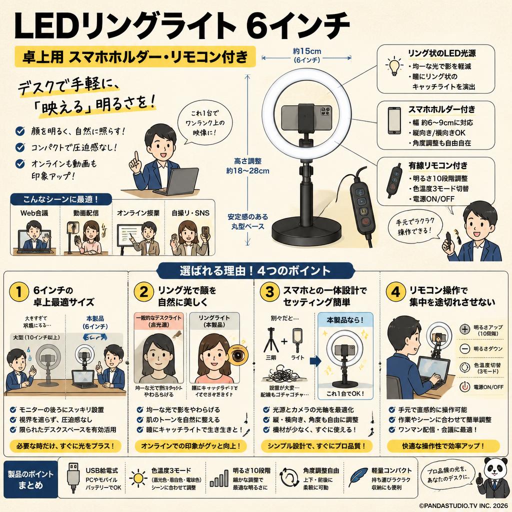 LEDリングライト ロングスタンド スマホスタンド (リモコン付き)　⑥？ LEDリングライト 6インチ 卓上用 スマホホルダー・リモコン付き