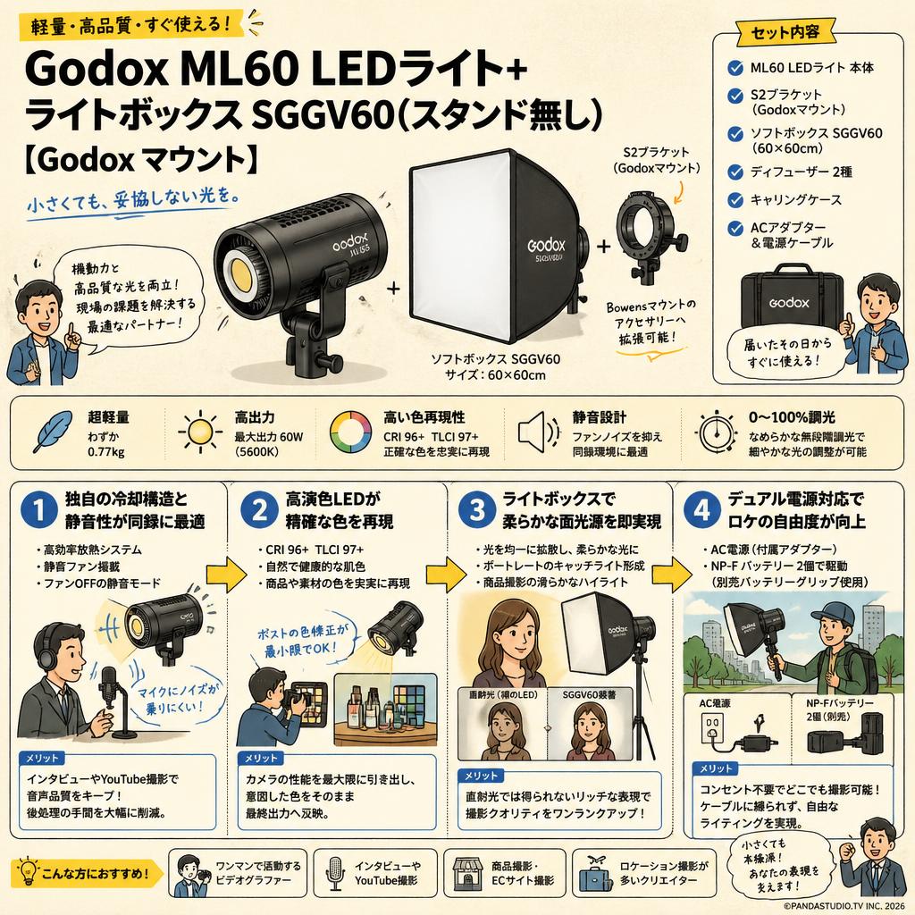 Godox ML60 LEDライト+ライトボックスSGGV60(スタンド無し)[Godoxマウント] 概要