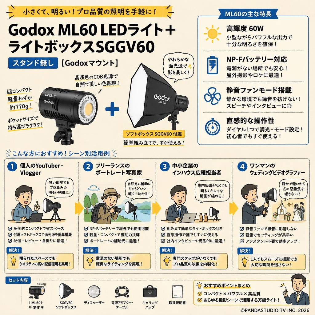 Godox ML60 LEDライト+ライトボックスSGGV60(スタンド無し)[Godoxマウント] おもな対象のお客様