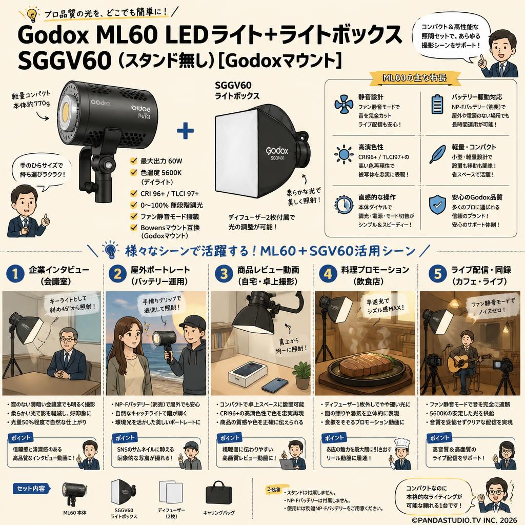 Godox ML60 LEDライト+ライトボックスSGGV60(スタンド無し)[Godoxマウント] 用途