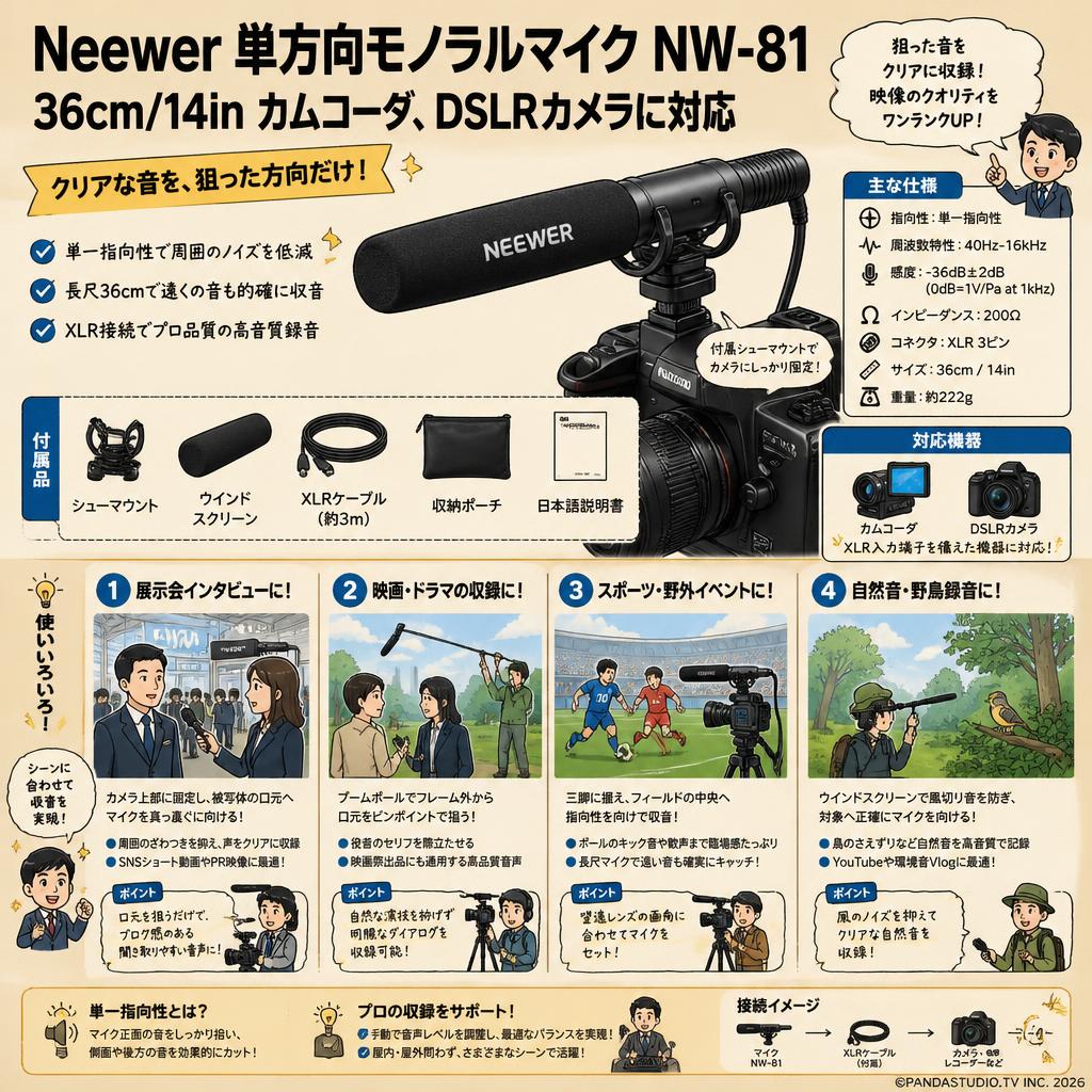 Neewer 単方向モノラルマイク NW-81 36cm/14in カムコーダ、DSLRカメラに対応 用途