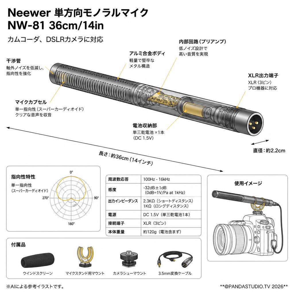 Neewer 単方向モノラルマイク NW-81 36cm/14in カムコーダ、DSLRカメラに対応 スペック