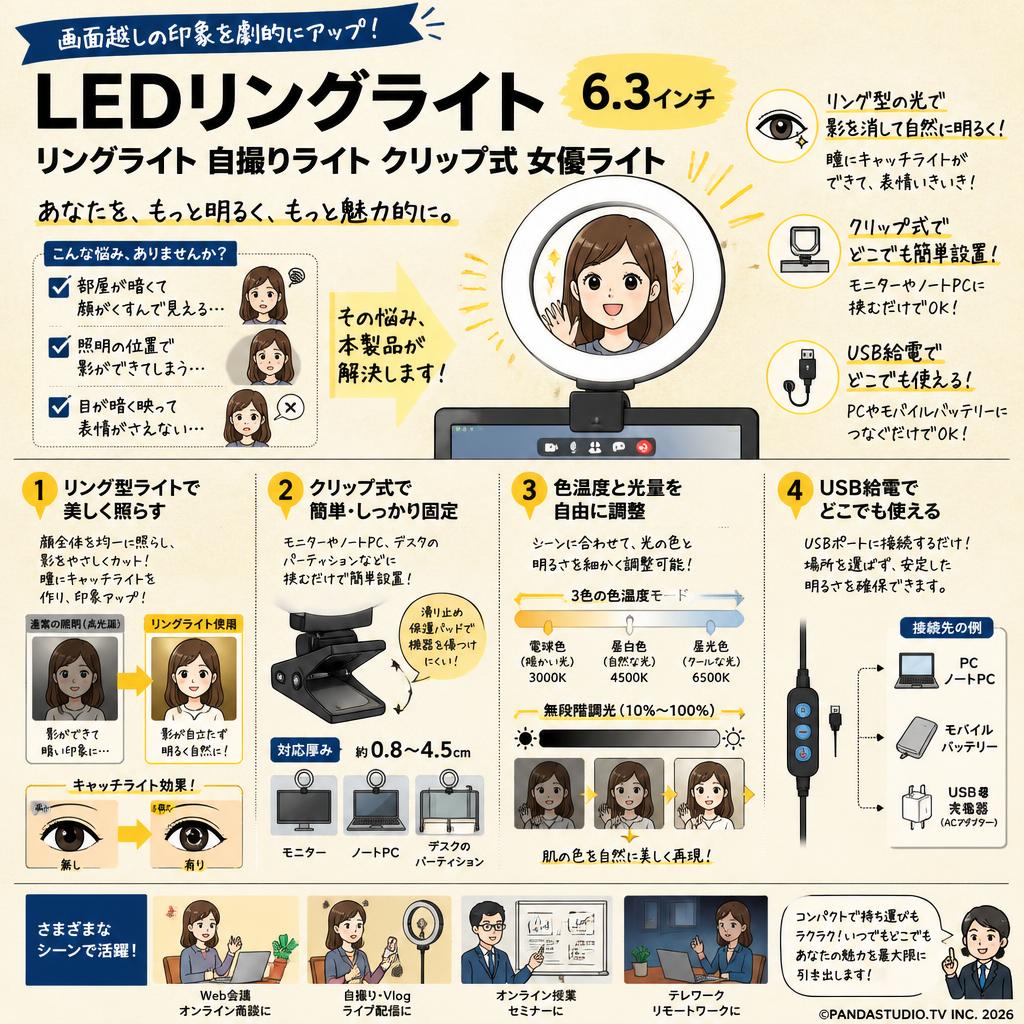 LEDリングライト 6.3インチ リングライト 自撮りライト クリップ式 女優ライト 概要