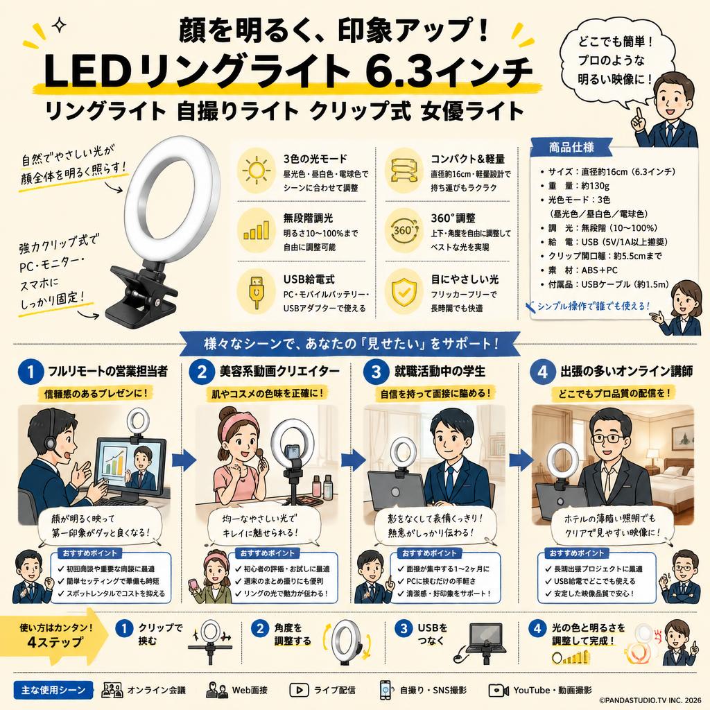 LEDリングライト 6.3インチ リングライト 自撮りライト クリップ式 女優ライト おもな対象のお客様