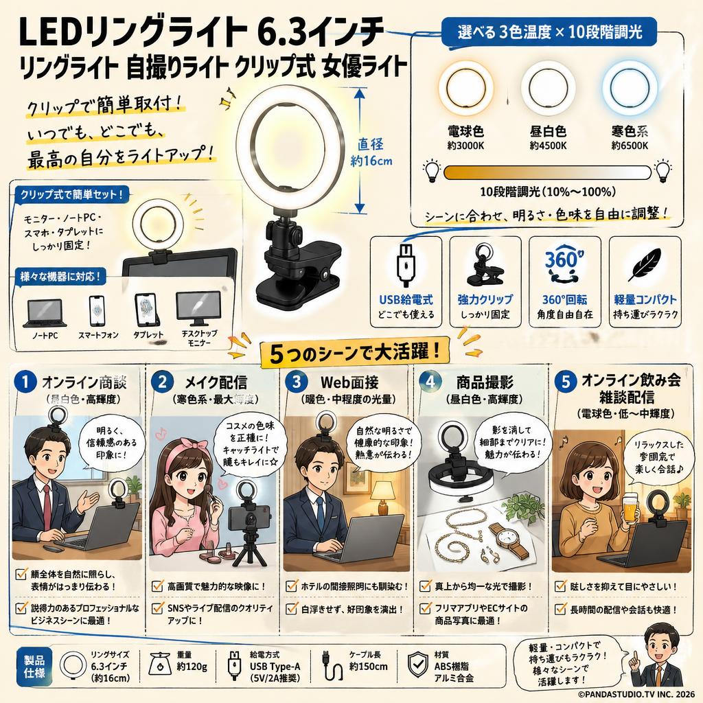 LEDリングライト 6.3インチ リングライト 自撮りライト クリップ式 女優ライト 用途