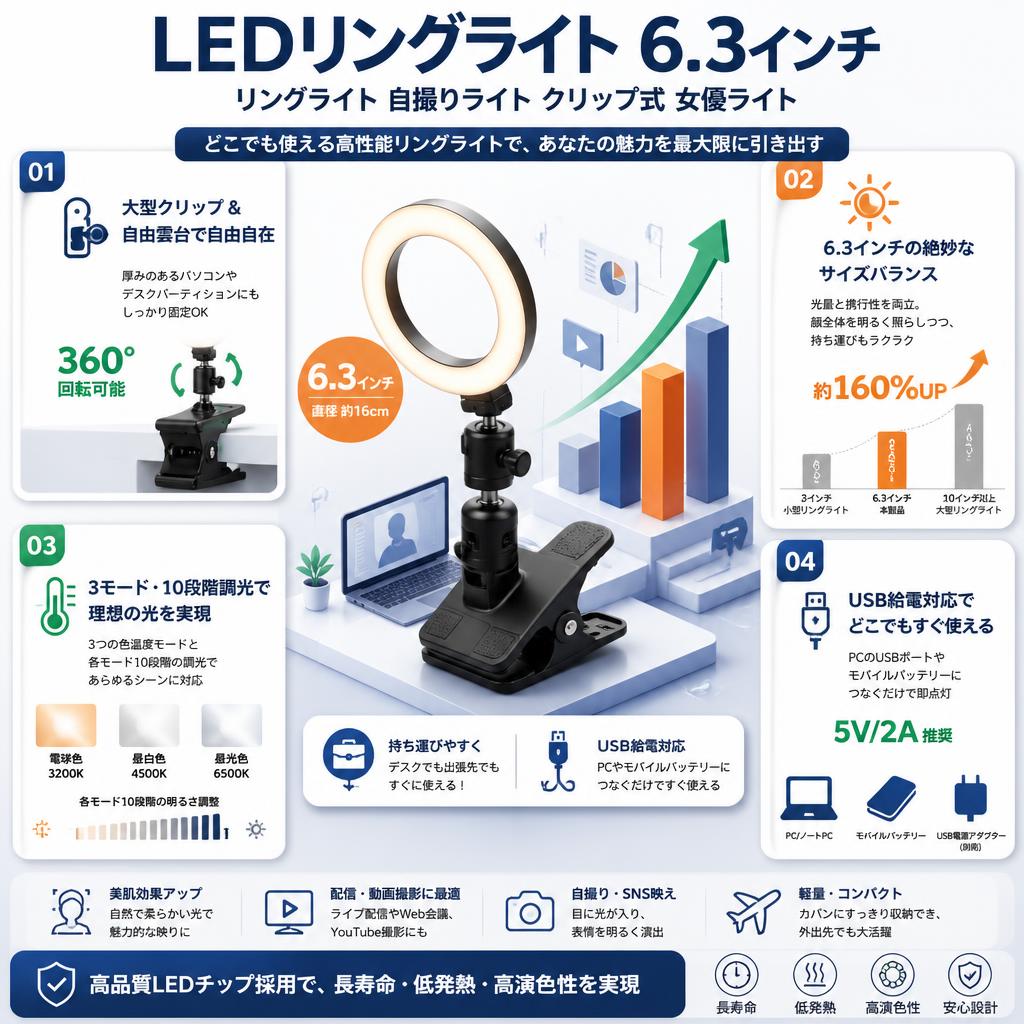 LEDリングライト 6.3インチ リングライト 自撮りライト クリップ式 女優ライト セールスポイント