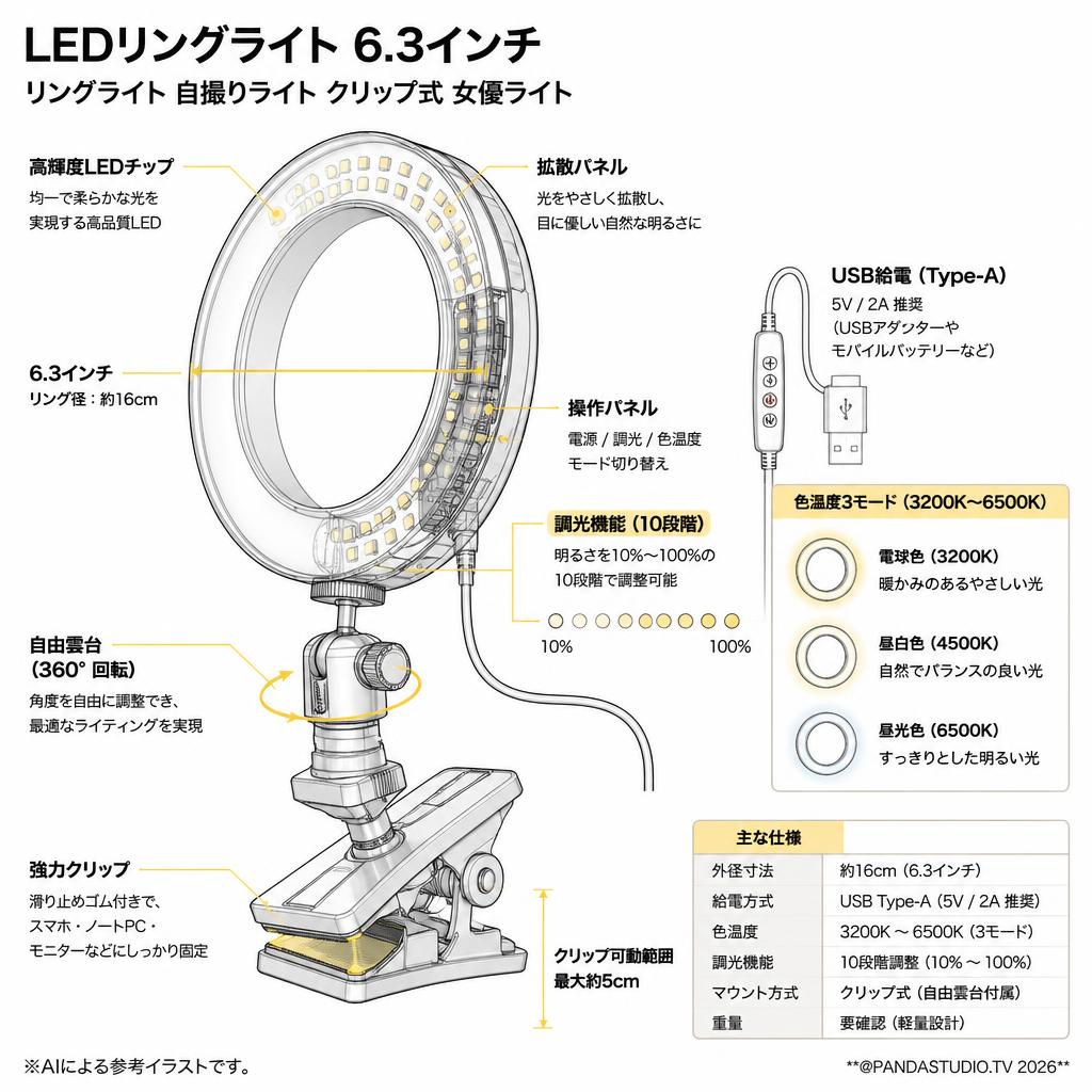LEDリングライト 6.3インチ リングライト 自撮りライト クリップ式 女優ライト スペック