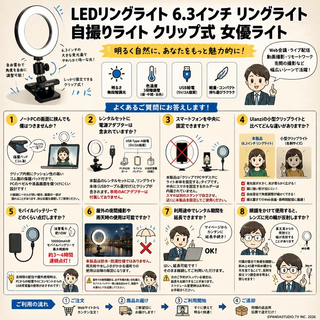 LEDリングライト 6.3インチ リングライト 自撮りライト クリップ式 女優ライト FAQ（よくある質問と答え）