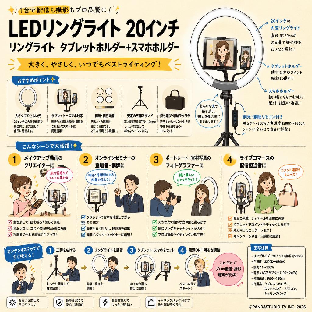 LEDリングライト 20インチ リングライト タブレットホルダー+スマホホルダー おもな対象のお客様