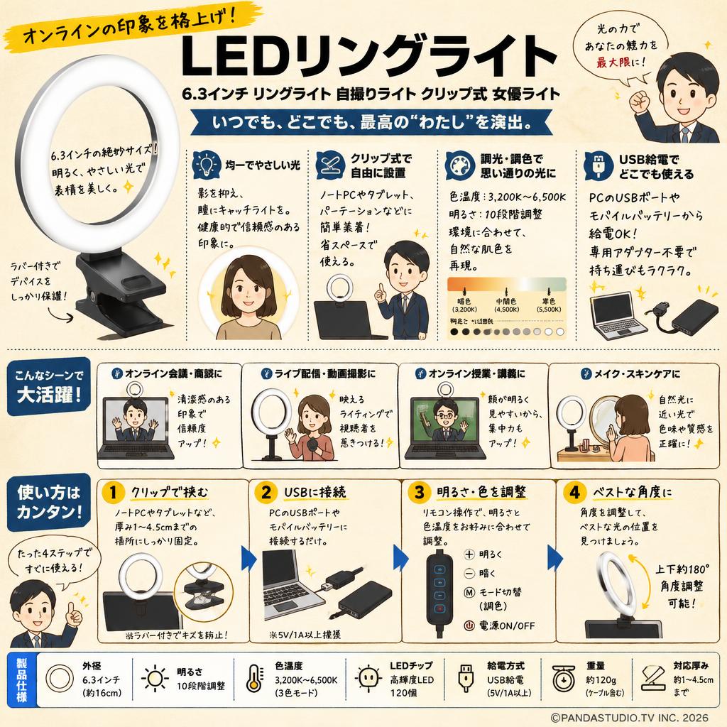LEDリングライト 6.3インチ リングライト 自撮りライト クリップ式 女優ライト 概要