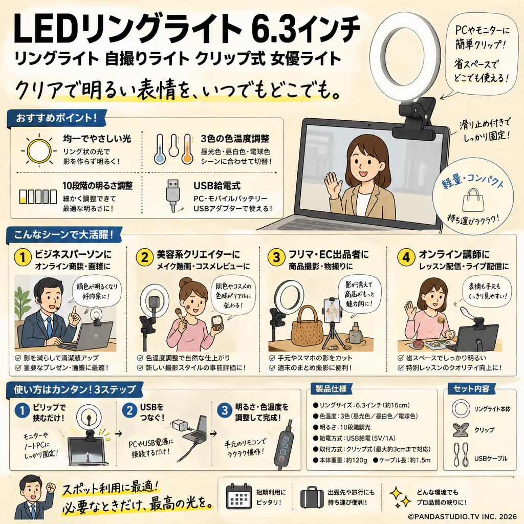 LEDリングライト 6.3インチ リングライト 自撮りライト クリップ式 女優ライト おもな対象のお客様