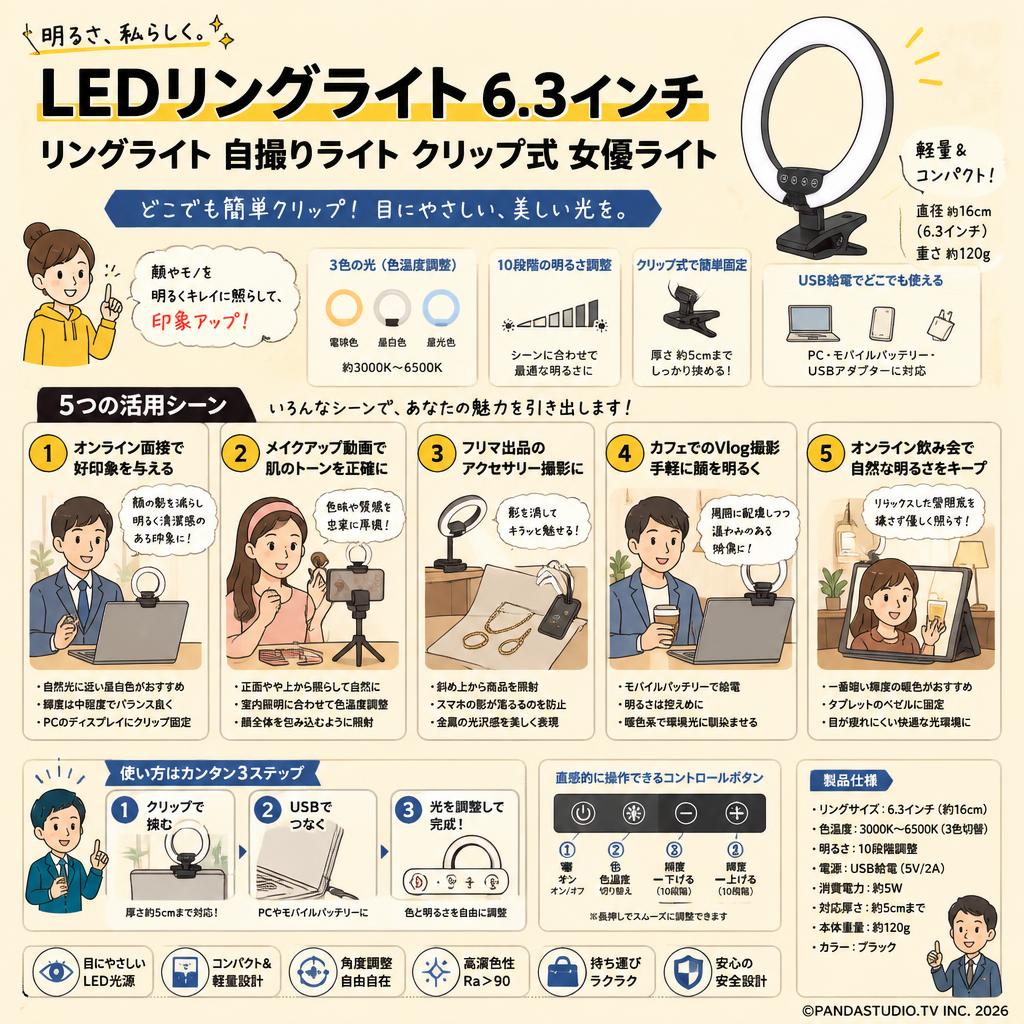 LEDリングライト 6.3インチ リングライト 自撮りライト クリップ式 女優ライト 用途