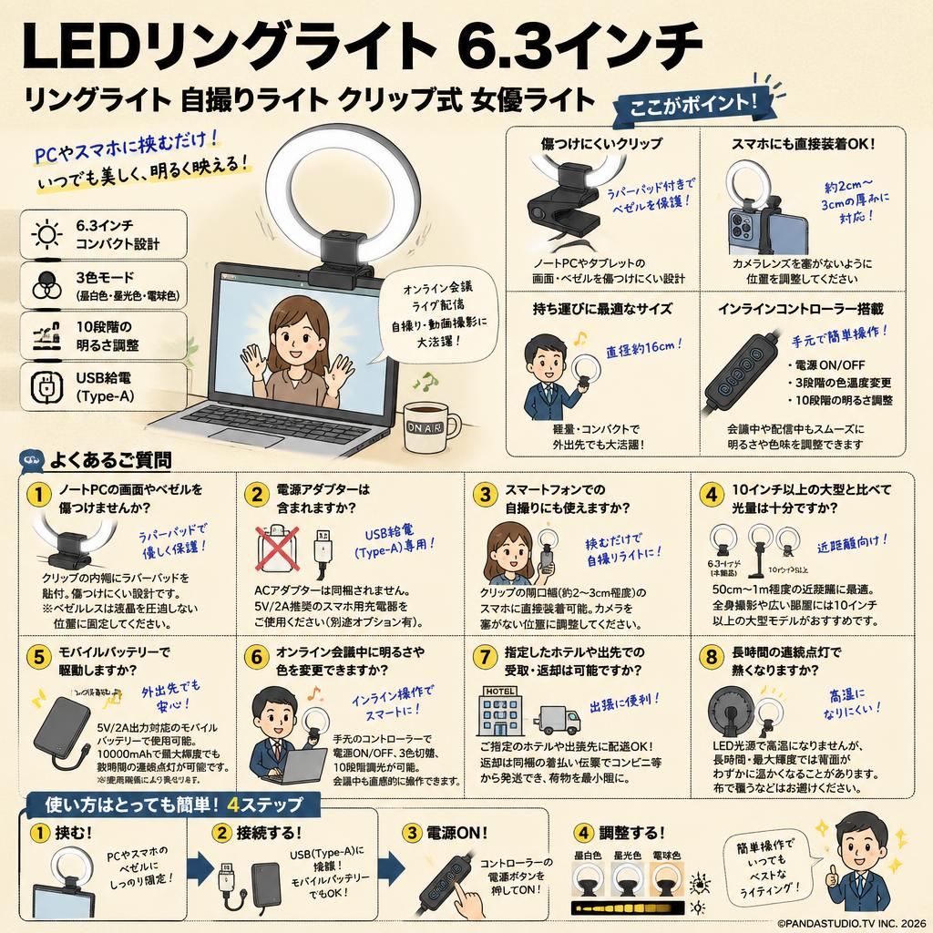 LEDリングライト 6.3インチ リングライト 自撮りライト クリップ式 女優ライト FAQ（よくある質問と答え）