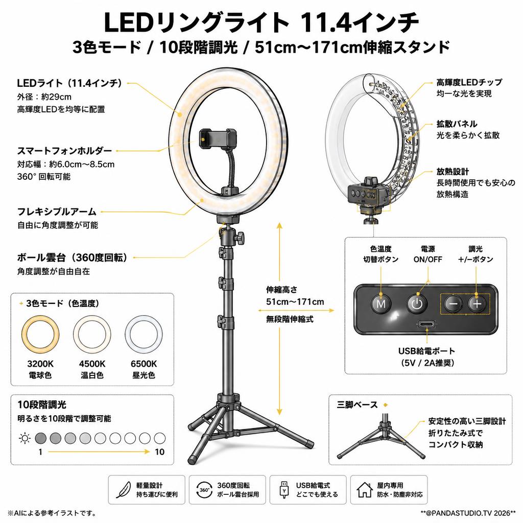 LEDリングライト 11.4インチ リングライト 3色モード 10段階　51cm〜171cm伸縮スタンド スペック