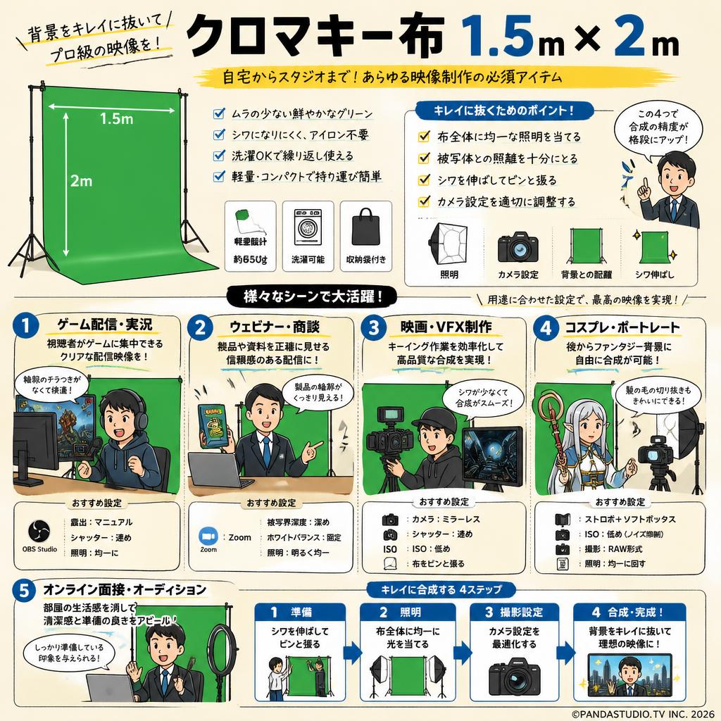 クロマキー布 1.5m × 2m 用途