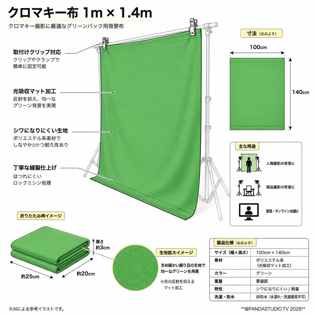 クロマキー布 1m × 1.4m スペック