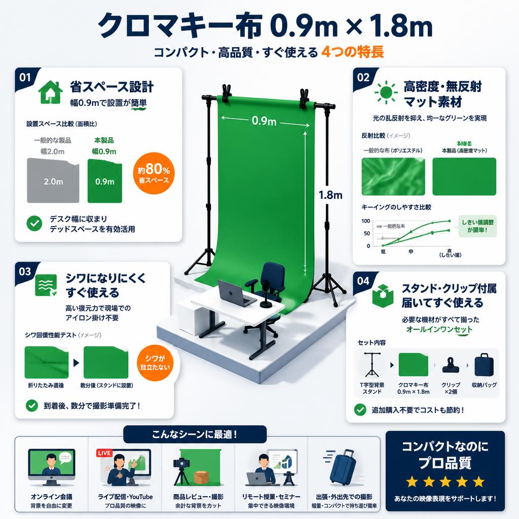 クロマキー布 0.9m × 1.8m セールスポイント