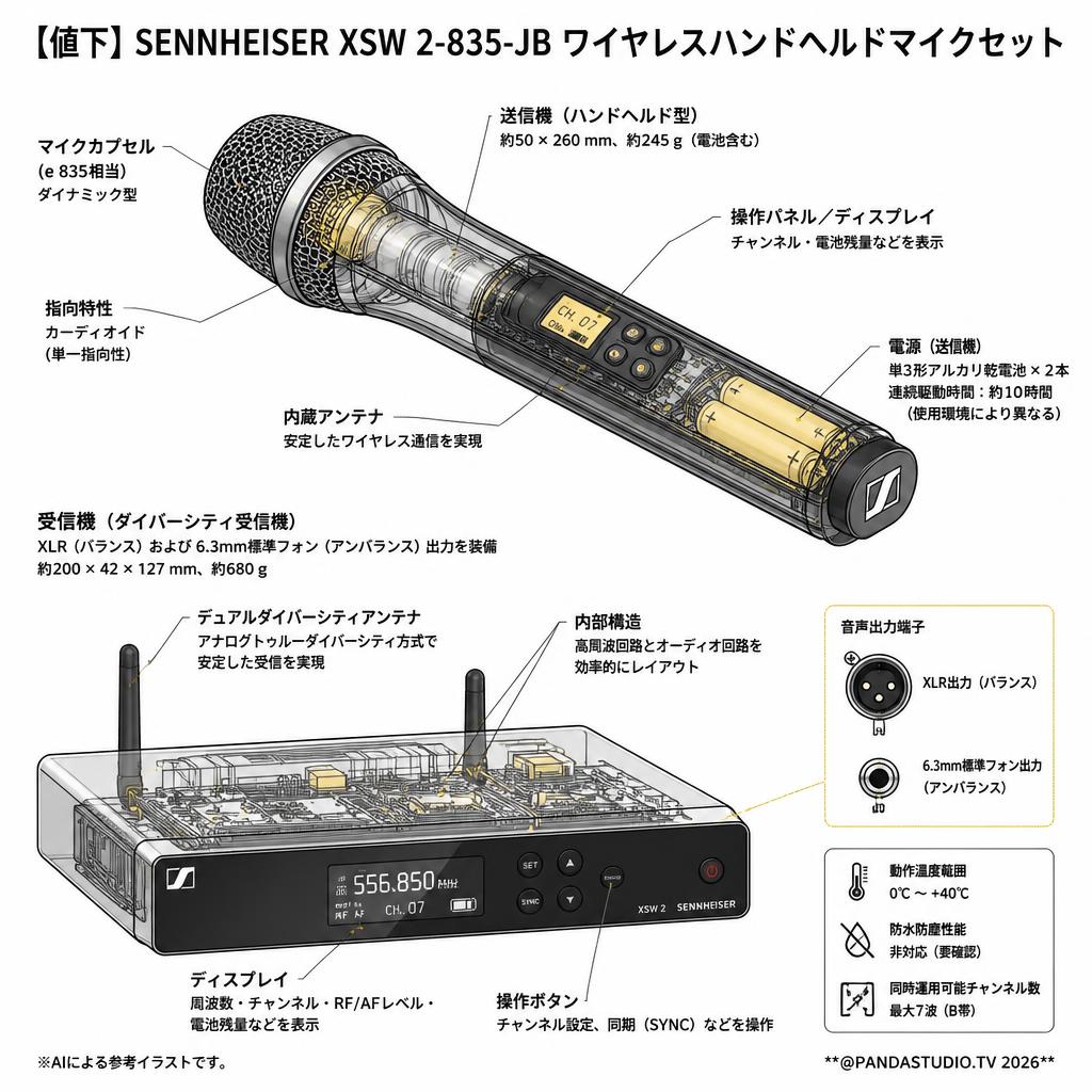 【値下】SENNHEISER XSW 2-835-JB ワイヤレスハンドヘルドマイクセット スペック