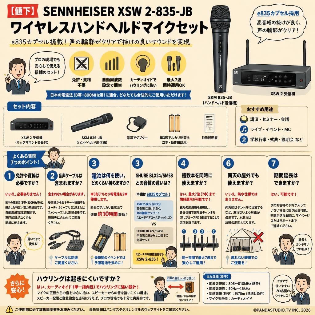 【値下】SENNHEISER XSW 2-835-JB ワイヤレスハンドヘルドマイクセット FAQ（よくある質問と答え）