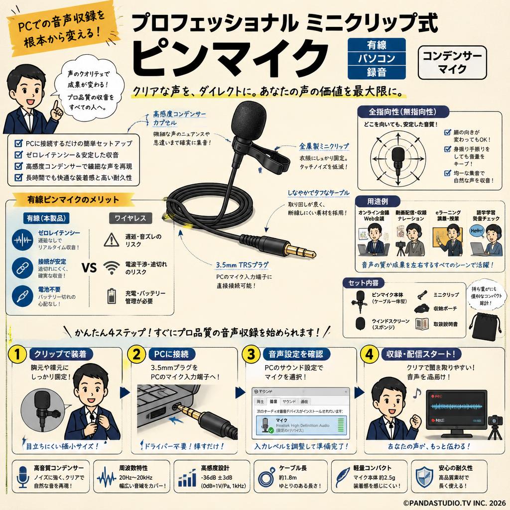 プロフェッショナル ミニクリップ式 ピンマイク（有線 パソコン 録音 コンデンサーマイク） 概要