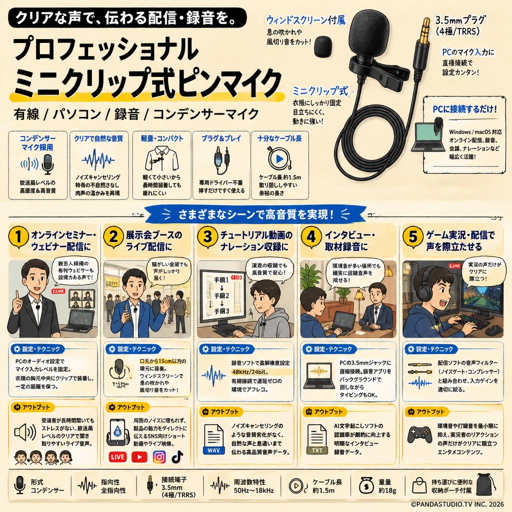 プロフェッショナル ミニクリップ式 ピンマイク（有線 パソコン 録音 コンデンサーマイク） 用途