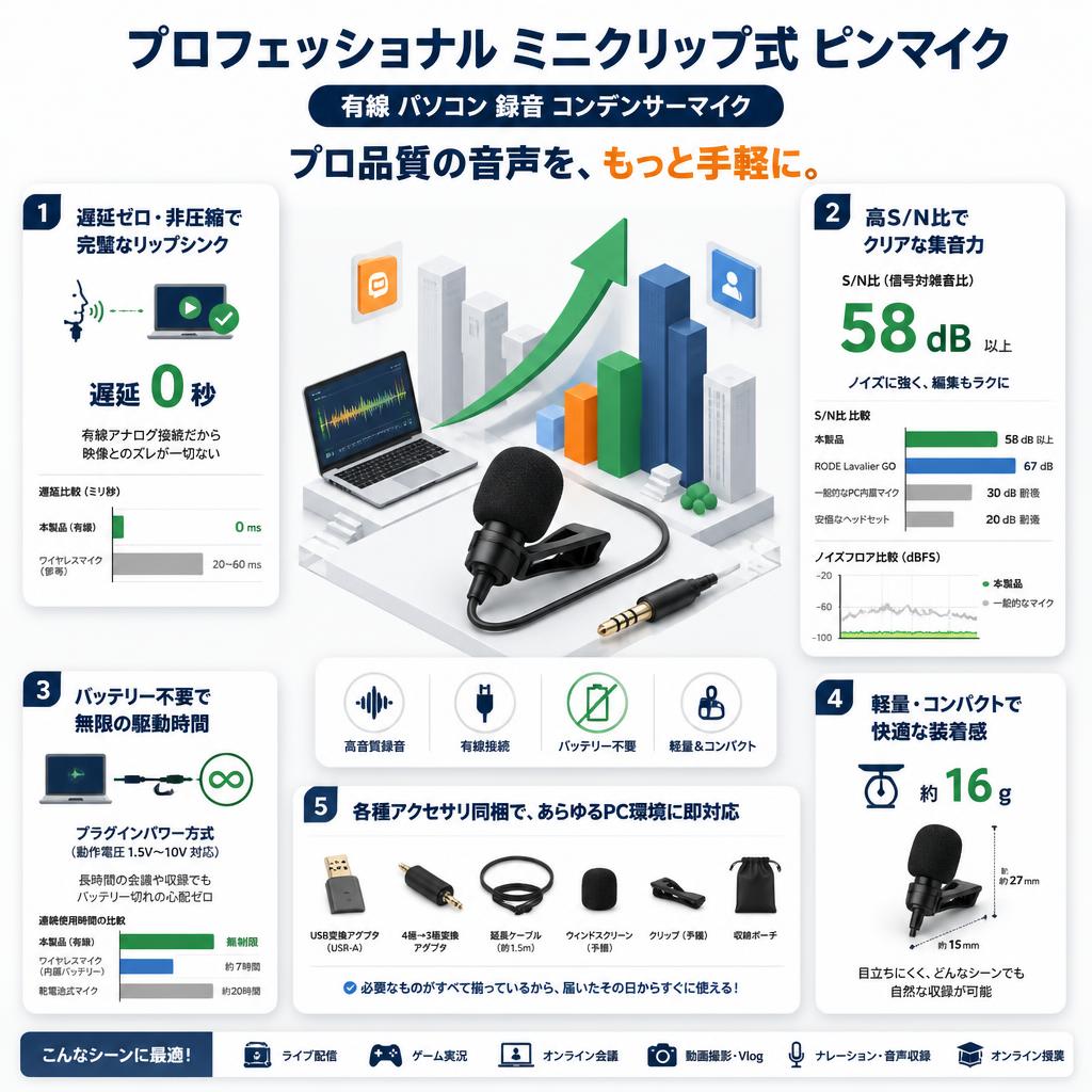 プロフェッショナル ミニクリップ式 ピンマイク（有線 パソコン 録音 コンデンサーマイク） セールスポイント
