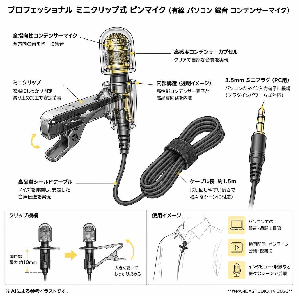 プロフェッショナル ミニクリップ式 ピンマイク（有線 パソコン 録音 コンデンサーマイク） スペック