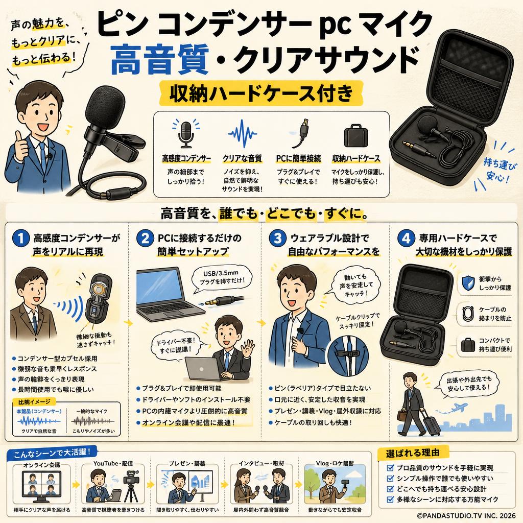 ピン コンデンサー pc マイク 高音質 クリア サウンド 収納ハードケース付き 概要