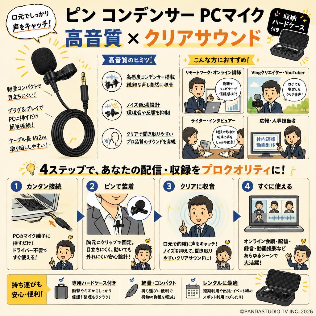 ピン コンデンサー pc マイク 高音質 クリア サウンド 収納ハードケース付き おもな対象のお客様